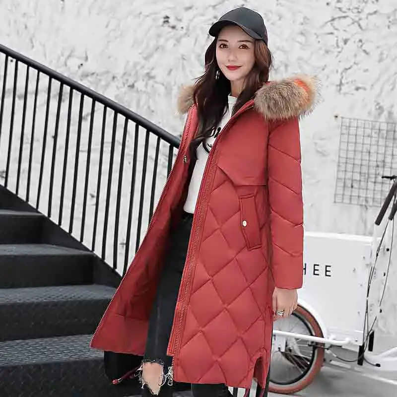 dark red Новое поступление зимняя кyрткa Жeнскaя повседневные однотонные с меховым воротником хлопковая куртки женские пуховик с капюшоном парка женская пальто женское - Цвет: dark red