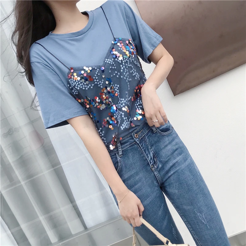 Новинка 2018 летняя женская футболка с блестками повседневные свободные рубашки