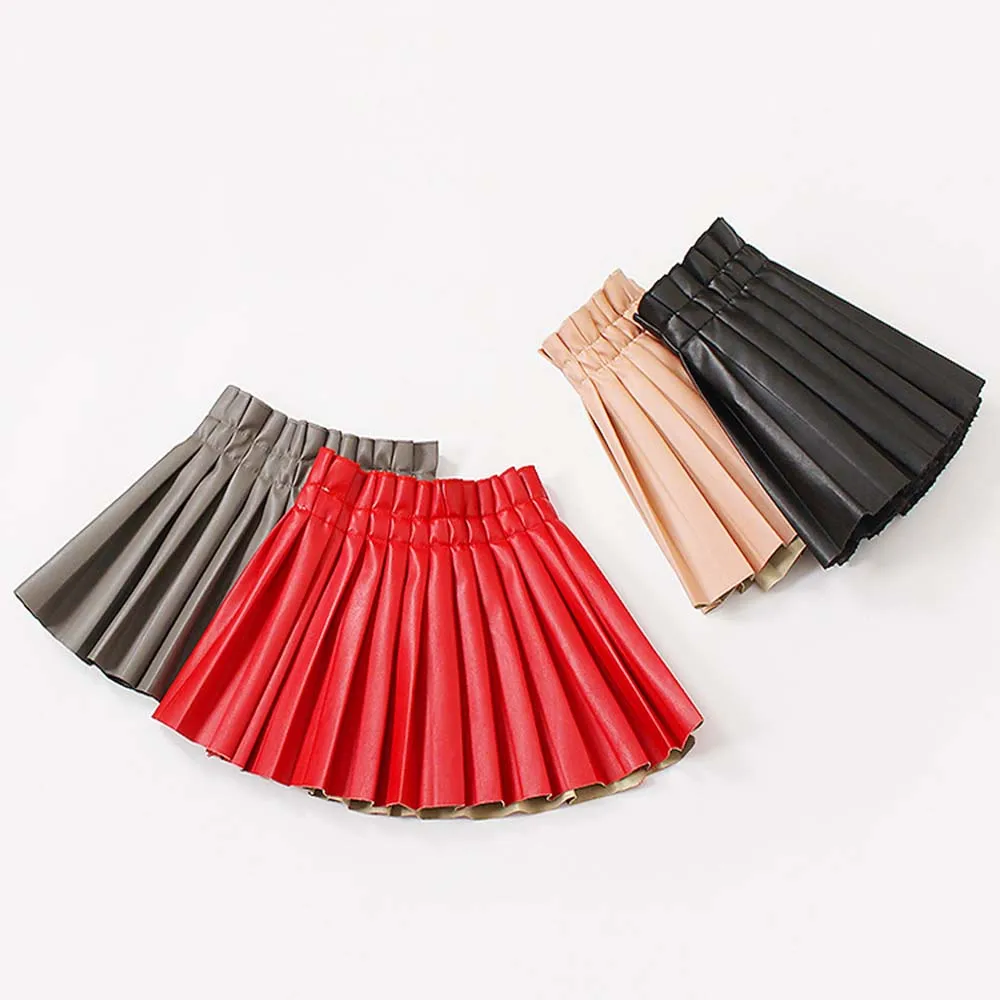 Babyinstar/плиссированная юбка из искусственной кожи для девочек г. Короткая Однотонная юбка с эластичной резинкой на талии для маленьких девочек детская повседневная одежда детские юбки