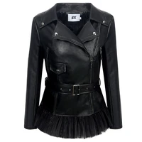 sx 2019 new soft pu faux leather jacket women sashes slim lapel lace zipping beading motocycle coats