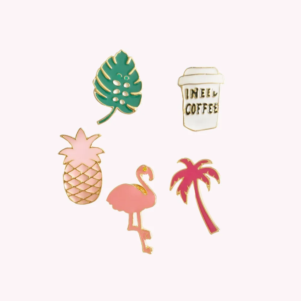 

5Pcs/Lot Cute Badge Flamingo Coffee Pineapple Coconut Trees Icons on The Backpack Harajuku Badges for Clothing Kawaii Broches