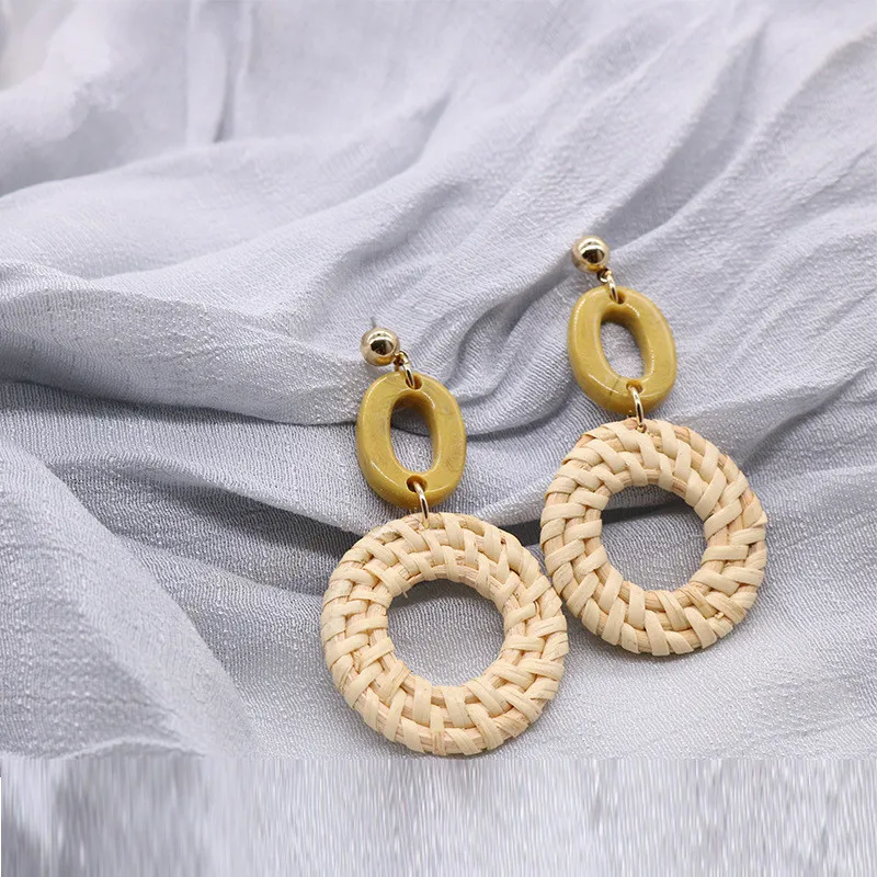 Модные серьги из плетеного ротанга с акриловыми серьгами круглые женские
