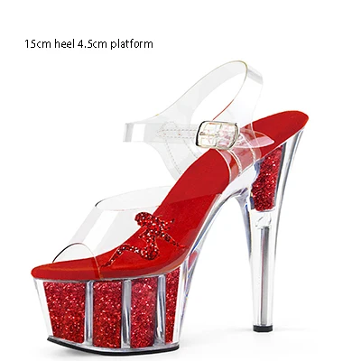 Red 15cm Heel Босоножки на платформе; женские летние пикантные прозрачные туфли на высоком каблуке 15 см с блестящими стразами; босоножки на прозрачном каблуке; женская обувь для стриптиза - Цвет: Red 15cm Heel