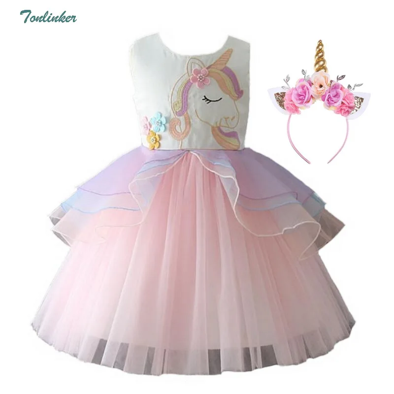 dress and beadband Костюмы единорогов принцессы для девочек; детское бальное платье с цветочным рисунком; платье-пачка; карнавальный костюм единорога; Vestido; Детский карнавальный костюм - Цвет: dress and beadband