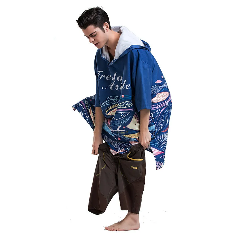 

New Blue Printing Changing Robe Bath Towel Outdoor Adult Hooded Beach Towel Poncho Bathrobe Towels Woman Men Diving Bathrobe