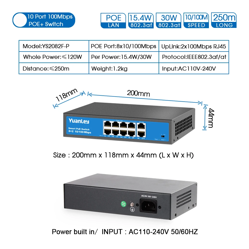 Yuanley 8 Порты и разъёмы коммутатор питания через Ethernet, 2 Порты и разъёмы по восходящей линии, 10/100 Мбит/с, PoE плюс 802.3af/at 120 W, металл, неуправляемый сетевой коммутатор