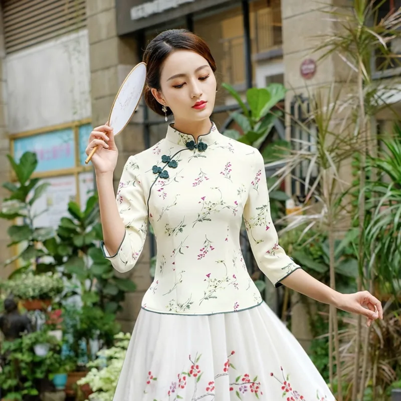 Sheng Coco Китайская традиционная одежда Hanfu женская рубашка Ципао Китай Mujer элегантная Древняя китайская блузка Чонсам Цветочные Топы