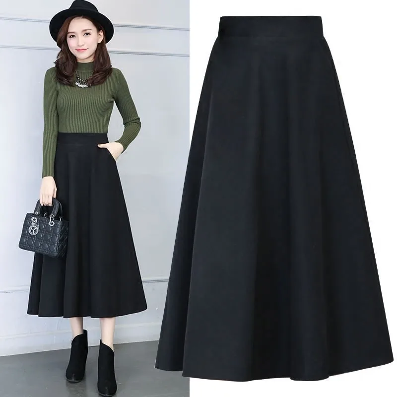 Skirt 007 Новая Осенняя Женская тонкая юбка, Женская шерстяная юбка, зимняя повседневная черная серая красная плиссированная юбка с высокой талией, Длинная женская юбка XS 19 - Цвет: Skirt 007