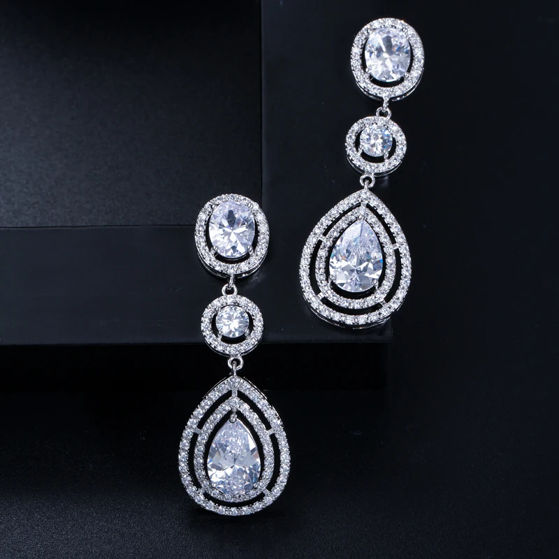 Женские серьги капельки из фианита темно синие длинные E127|earrings wedding|drop earings