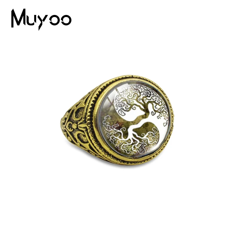 Инь Янь Дерево жизни Круглые узоры в виде животных винтажные кольца стеклянный