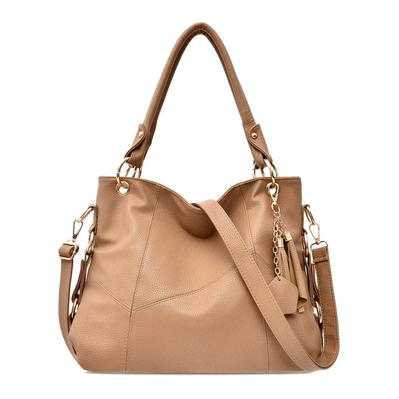 Luxury Designer Women Leather Handbags Vintage Female Shoulder Bags Tassel High Quality Handbag Ladies Large Tote Bag Sac a Main - Цвет: Khaki