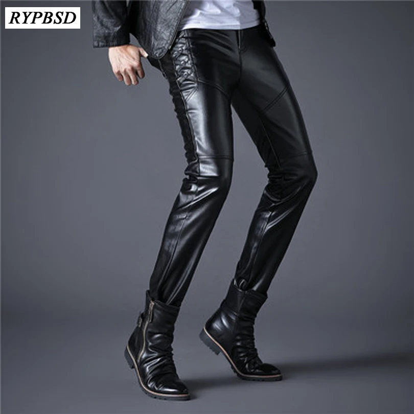 Новинка мужские эластичные штаны из искусственной кожи мотоциклетные черные
