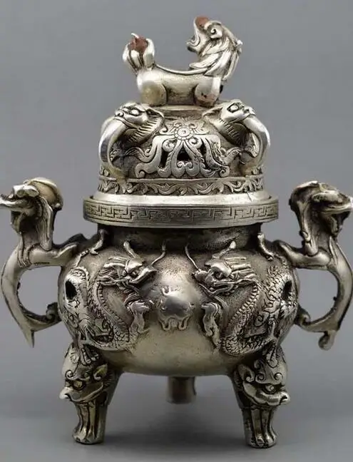 Китайские буддистские ручные старые серебряные медные статуи дракона льва