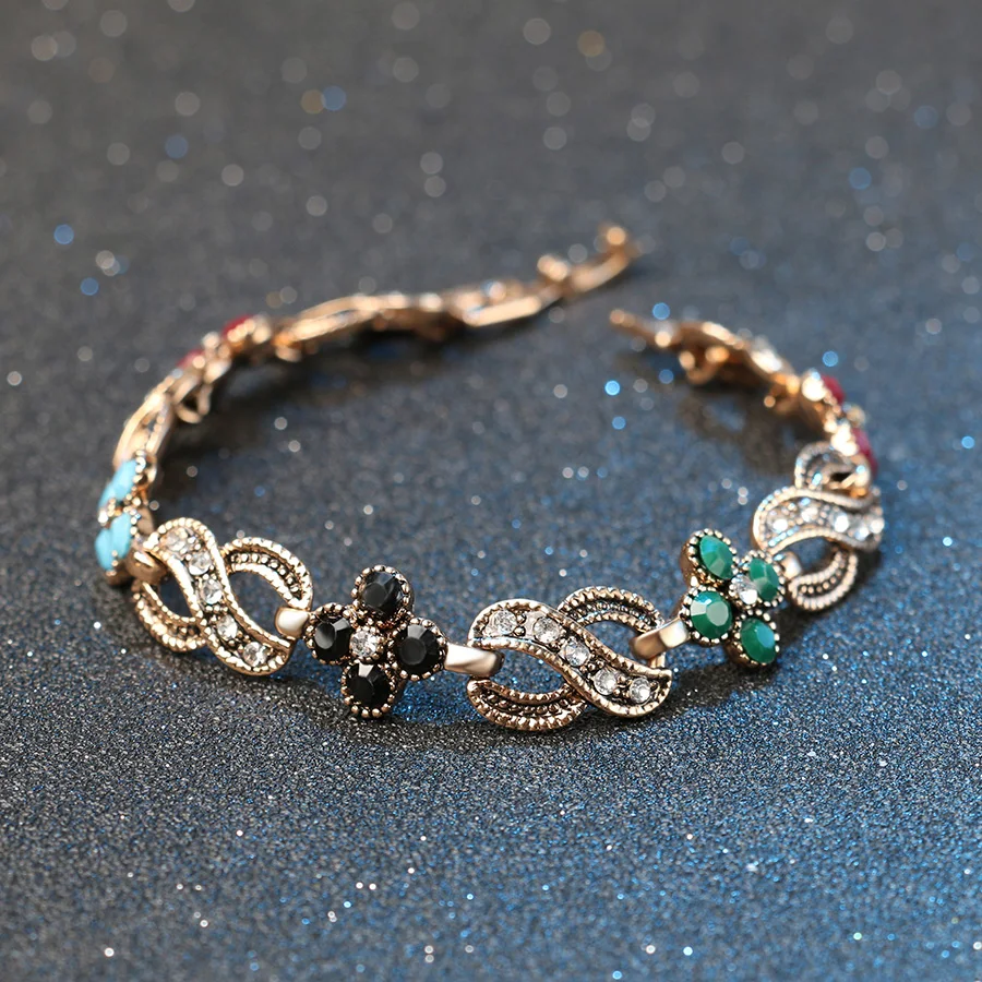 Unique Vintage Jewelry Color Gold Clover Colorful Resin Bohemia Bracelet For Women Mosaic White Crystal Gift | Украшения и