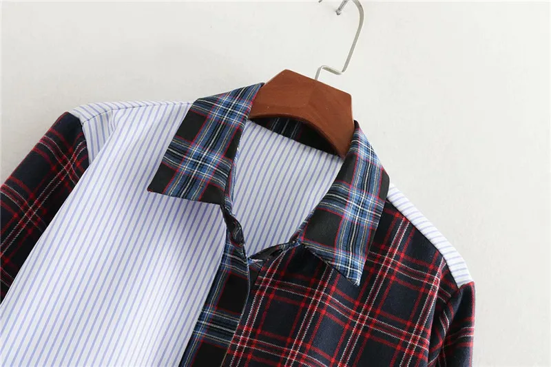 Асимметричная Полосатый плед лоскутное для женщин Блузка Топы корректирующие