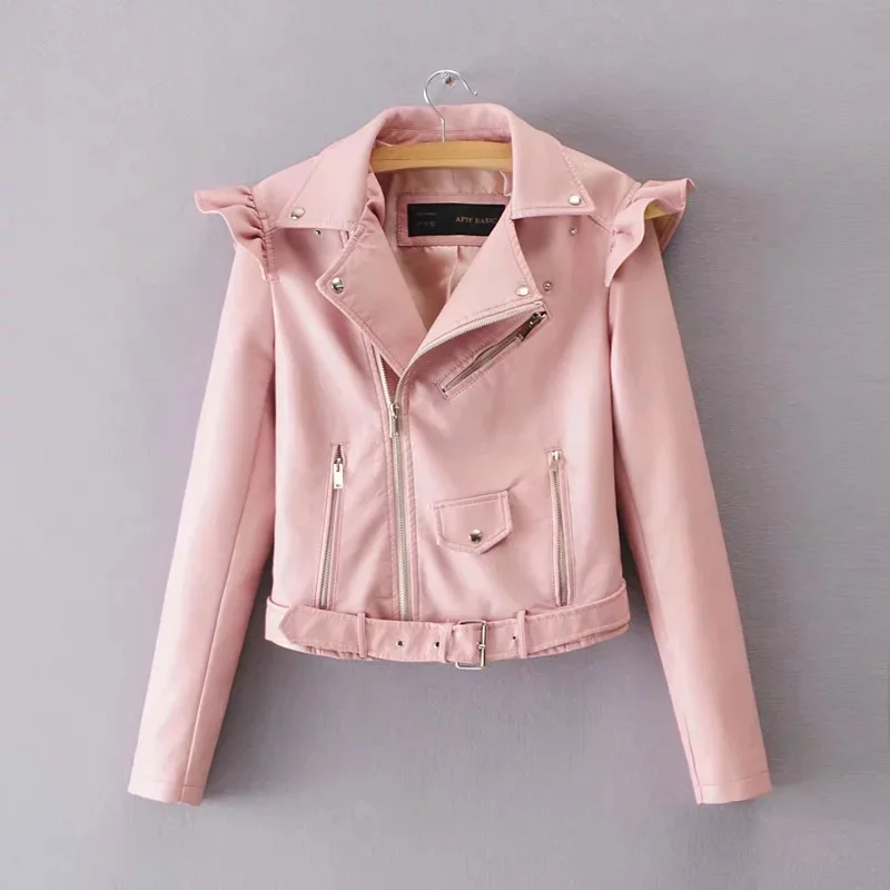 pink Новинка, женские Куртки из искусственной кожи с рюшами на плечах, короткая куртка-бомбер, женская тонкая уличная одежда, верхняя одежда для девочек, крутая одежда для женщин - Цвет: pink
