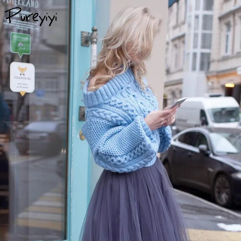 Pureyiyi Winter blue knitted sweater women 2017 Autumn hollow out white pullover Sexy long sleeve off shoulder | Женская одежда
