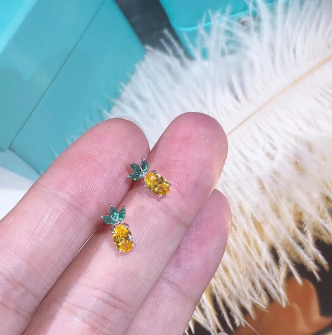 Женские серьги с настоящим ананасом 5А циркон CZ Стерлинговое Серебро 925 пробы