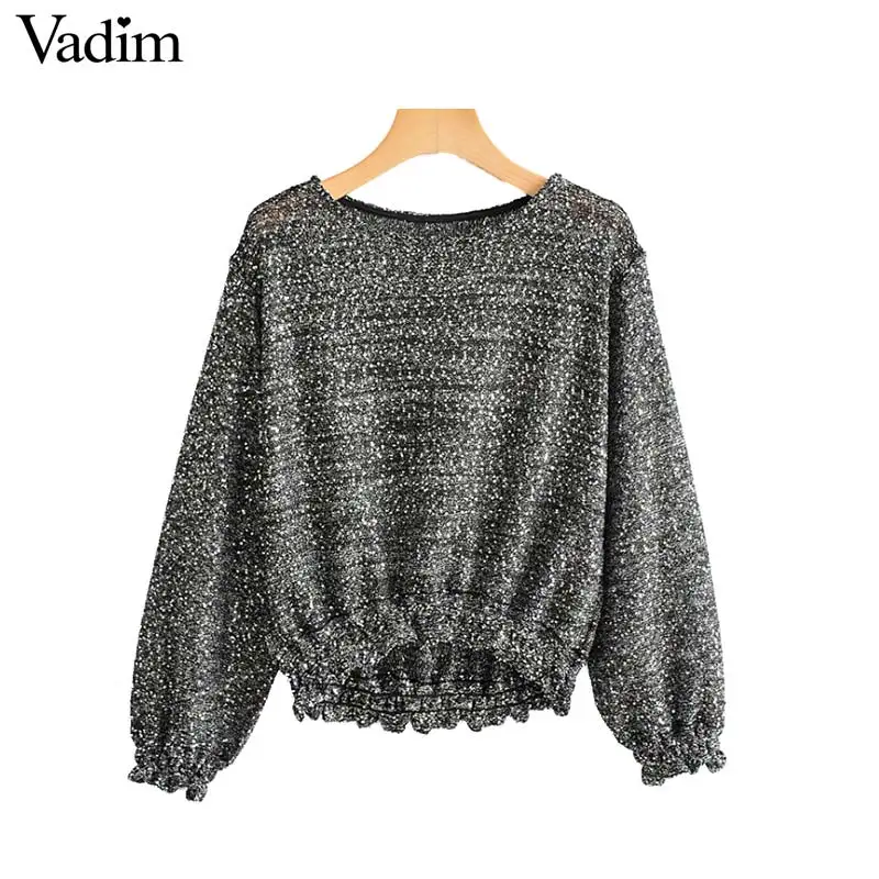 Vadim women loose sequined knitted sweaters see through pleated lantern sleeve stretchy pullovers female casual solid tops HA380 | Женская