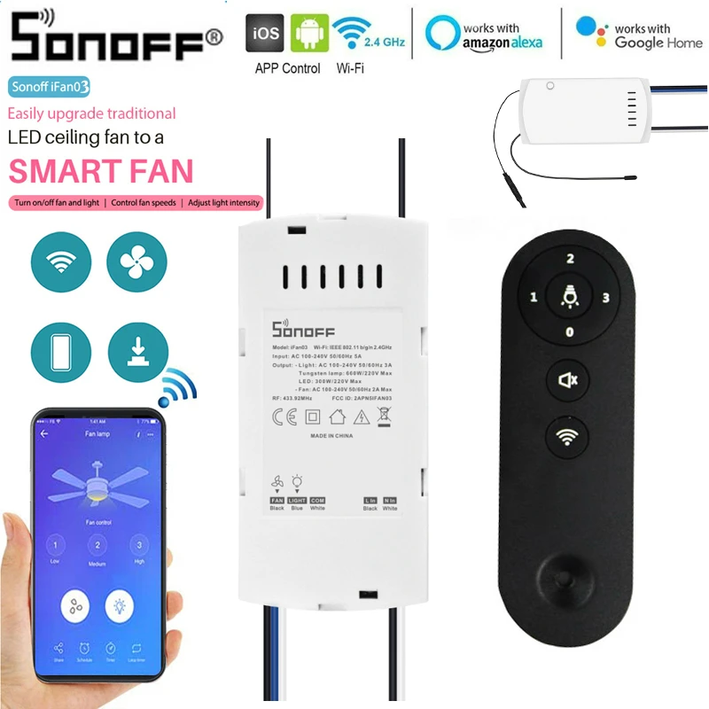 SONOFF iFan03 вентилятор смарт-переключатель конвертировать вентилятор в Wifi смарт-управление с 433 RF пульт дистанционного включения/выключения вентилятор и Свет регулировка скорости вентилятора