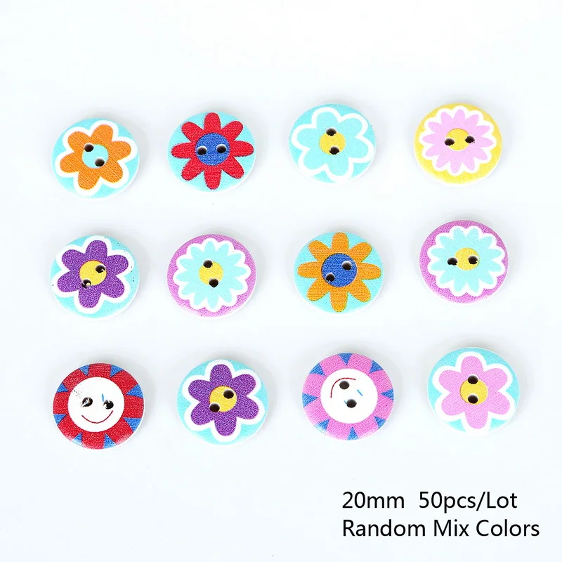 Round Flower 50 шт. 2 отверстия плоские деревянные Пуговицы Красочные смешанные животные цветок окрашенные кнопки DIY Одежда Ремесло шитье, скрапбукинг, аксессуары - Цвет: Round Flower