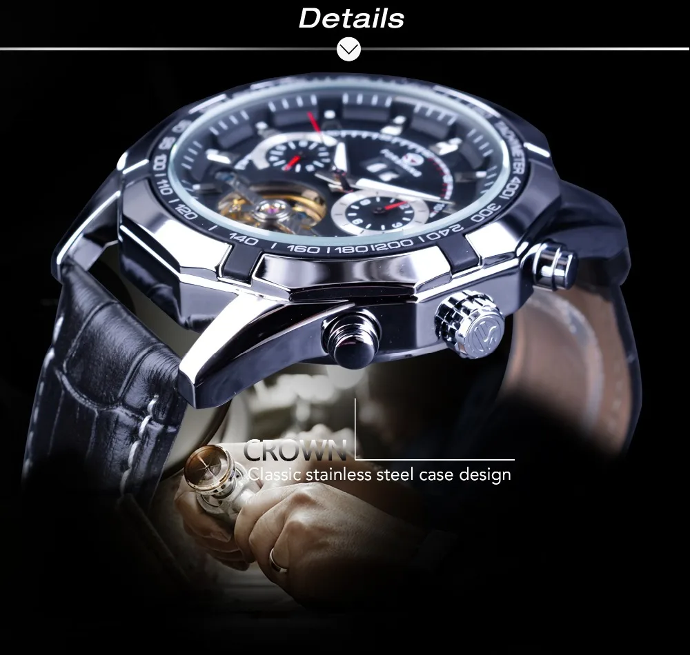 Forsining Дата Tourbillion дисплей кожаный ремень креативные часы черный серебристый стимпанк Мужские механические Автоматические часы Лидирующий бренд