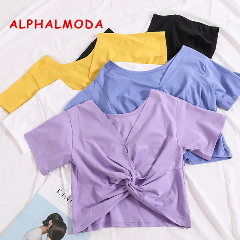 

Женская футболка с узлом ALPHALMODA, с V-образным вырезом, однотонная хлопковая Повседневная футболка с коротким рукавом, Короткие стильные женс...