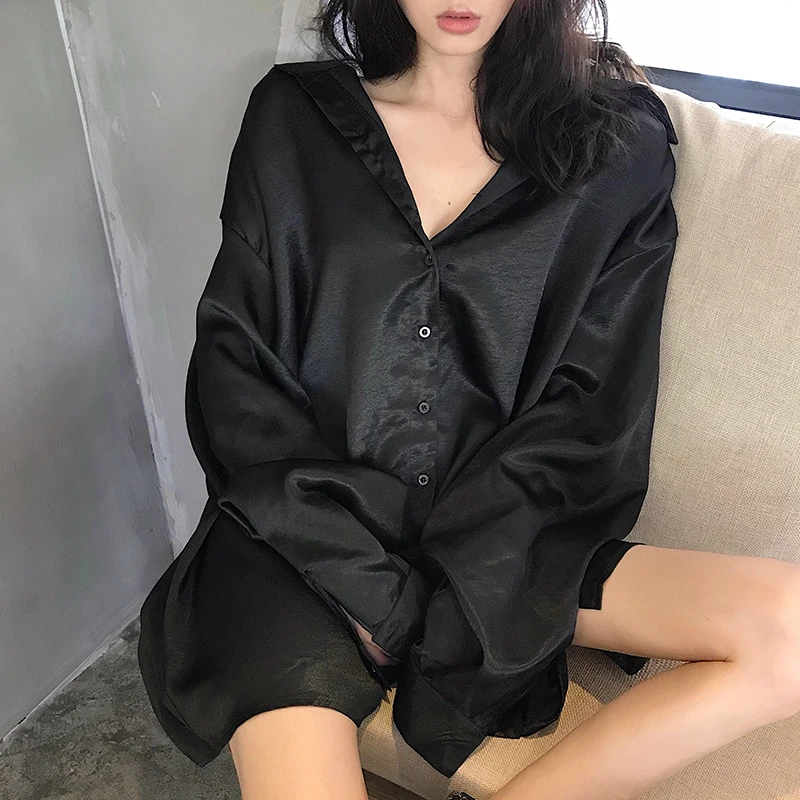 Lychee/однотонная женская длинная свободная блузка с отложным воротником и