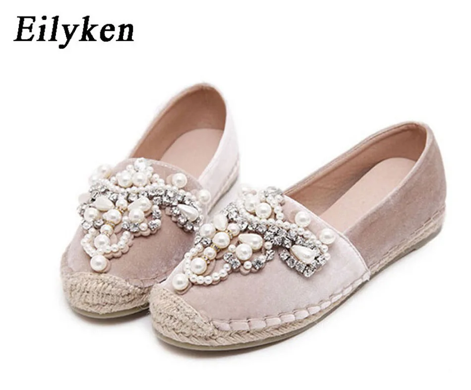 Eilyken; сезон весна-осень; женские лоферы с круглым носком; Эспадрильи с жемчугом; удобная подошва из пеньки; женская обувь на плоской подошве; слипоны; Mujer; Цвет Черный