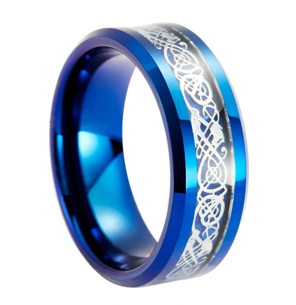 

8mm BlueTungsten Ring Celtic Silver Dragon Carbon Fibre Inlay Eternity Wedding Rings For Couples Jewelry