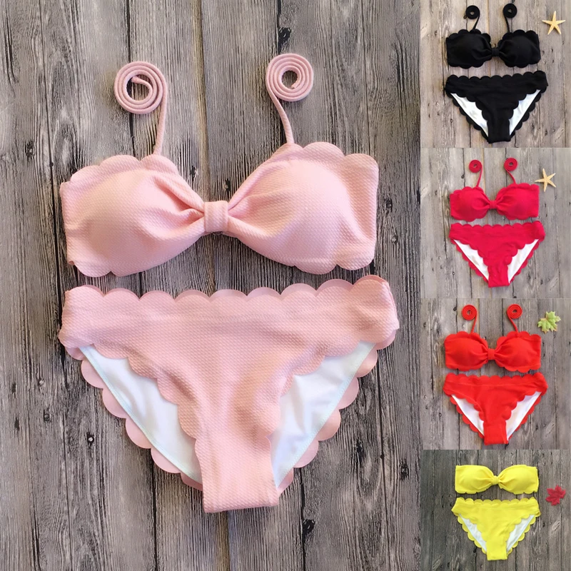 Vertvie Hot Sale Women Split Swimsuit 2019 Summer High Waist Bikini Set Cut Flower Solid Lace Back Buckle Beach Swimwear Female |