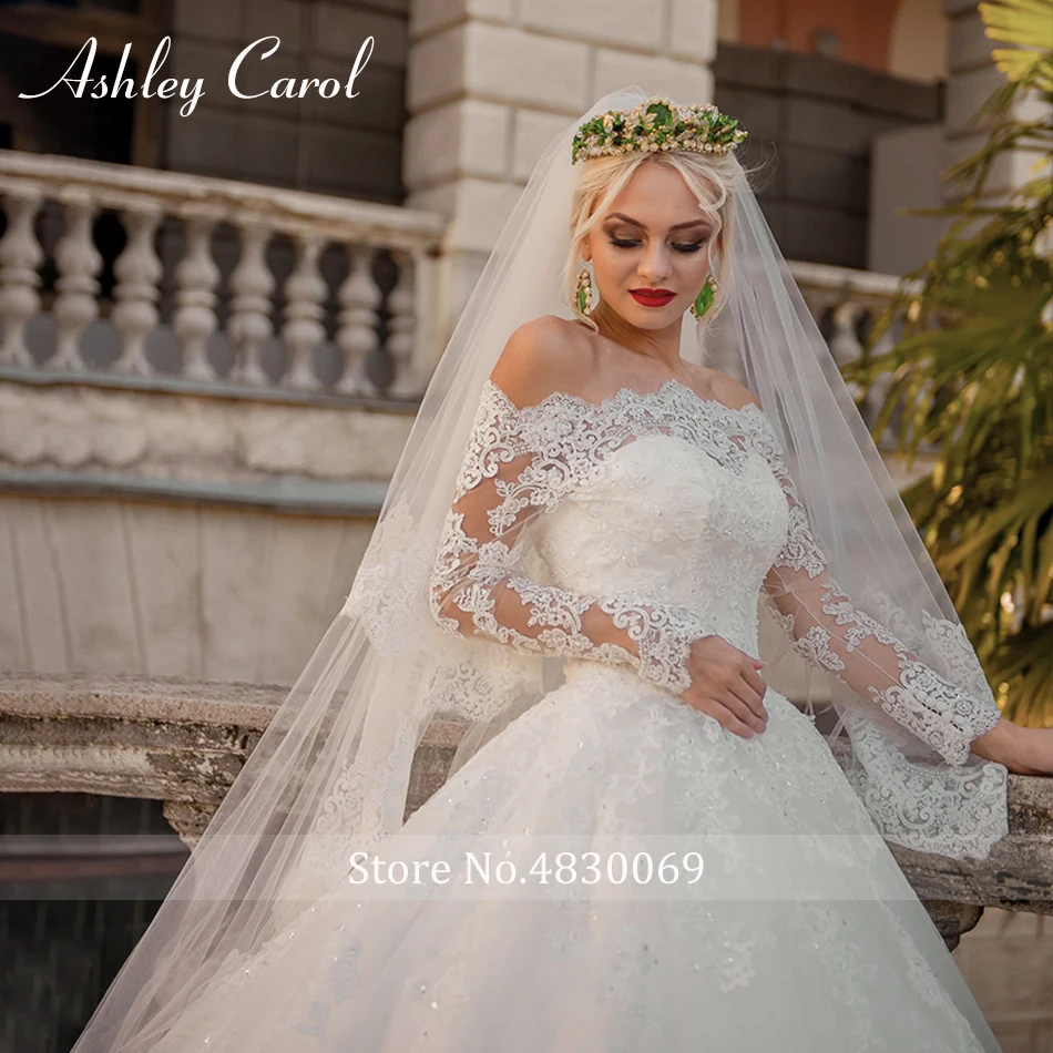 Ashley Carol Ball Gown Wedding Dress 2022 Elegant Boat Neck Long Sleeve Princess Vintage Luxury Bridal Gowns Vestido De Noiva | Свадьбы и