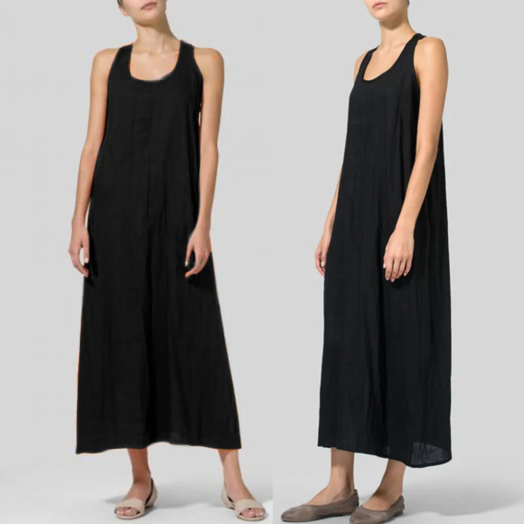 Платье женское винтажное длинное с u образной горловиной без рукавов из хлопка и