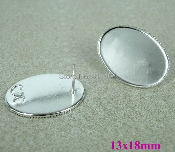 

13x18mm Silver Plated Blank Earrings Bases Oval Bezel Cabochon Settings Stud Pins Earrings w/ Open Loop Blank Findings Wholesale