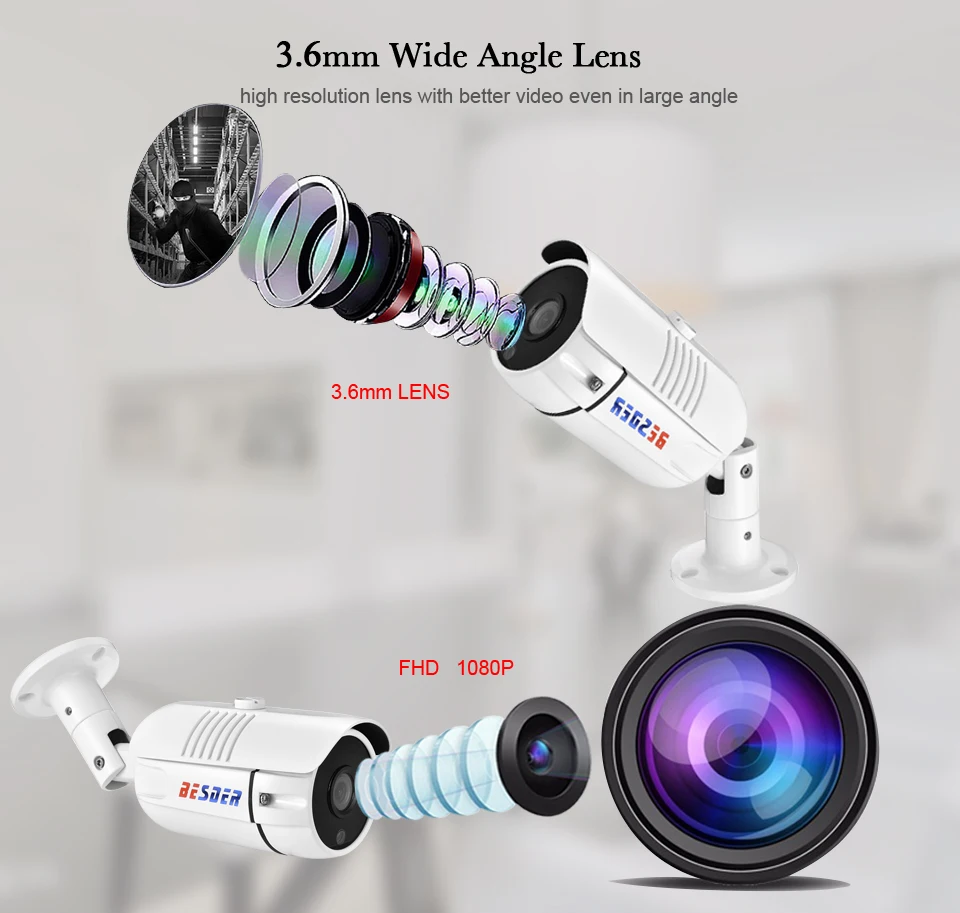 BESDER Full HD 1080P 48V 4CH PoE Kit Система видеонаблюдения с 4 уличными цилиндрическими IP