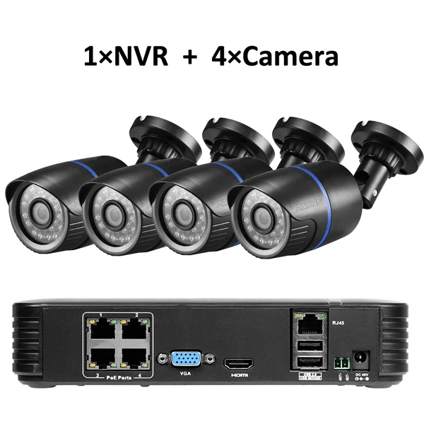 1NVR and 4Camera AZISHN FULL HD 4CH POE 1080P NVR 2.0mp 48 в PoE 1080P IP камера HDMI CCTV система наблюдения/Внутренняя P2P электронная сигнализация ПК и телефона - Цвет: 1NVR and 4Camera