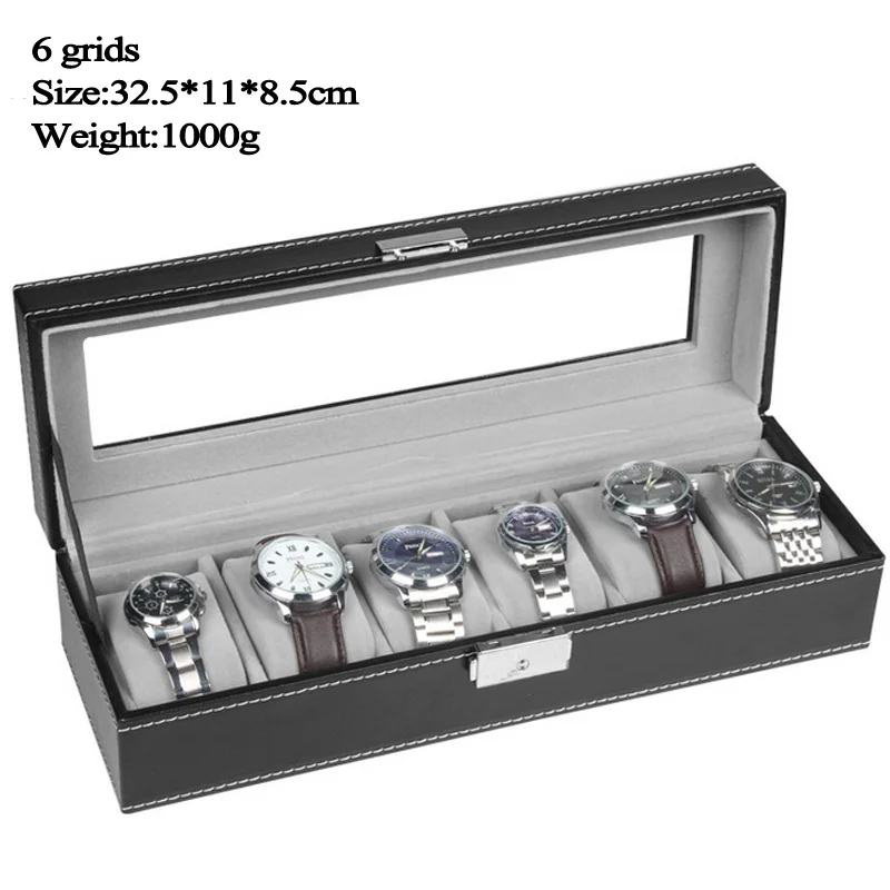 Rasalhaguer Top Sale 6 Grids PU Leather Watch Boxes Storage Organizer Box Luxury Jewelry Display Watch Case Black Free Shipping