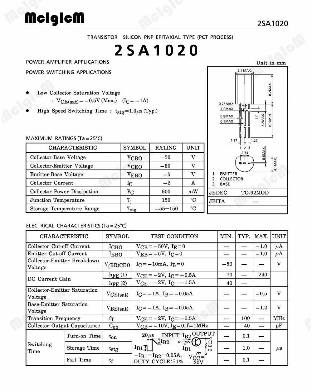 MCIGICM 50 шт. 2SA1020-Y, 50 шт. 2A 50 в 2SA1020 A1020 PNP транзистор пластмассово-инкапсулировать транзисторы
