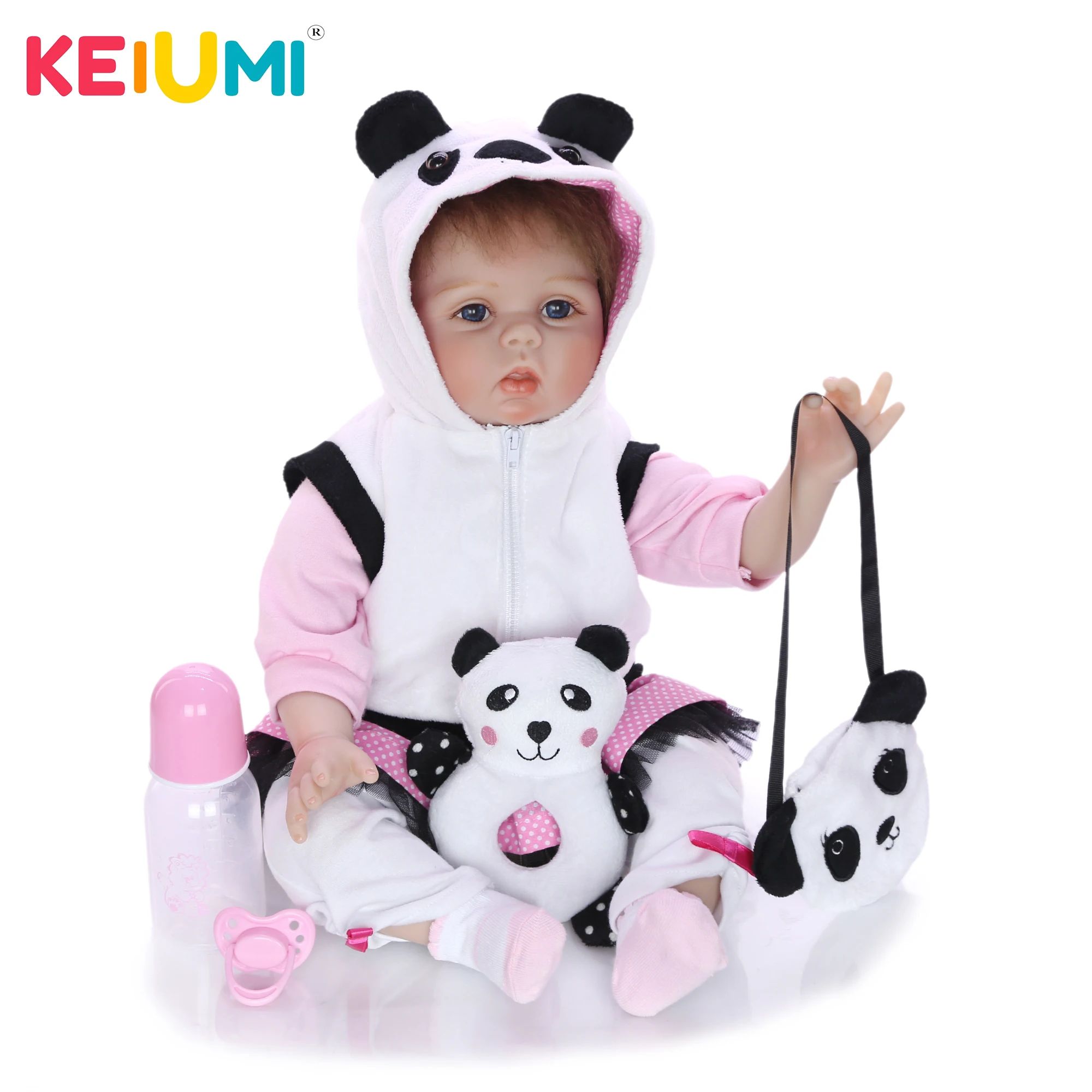 KEIUMI Realistic Reborn Baby Girl Doll Cloth Body Soft Silicone Lifelike Dolls Wear Panda Clothes Child Birthday Gifts | Игрушки и хобби