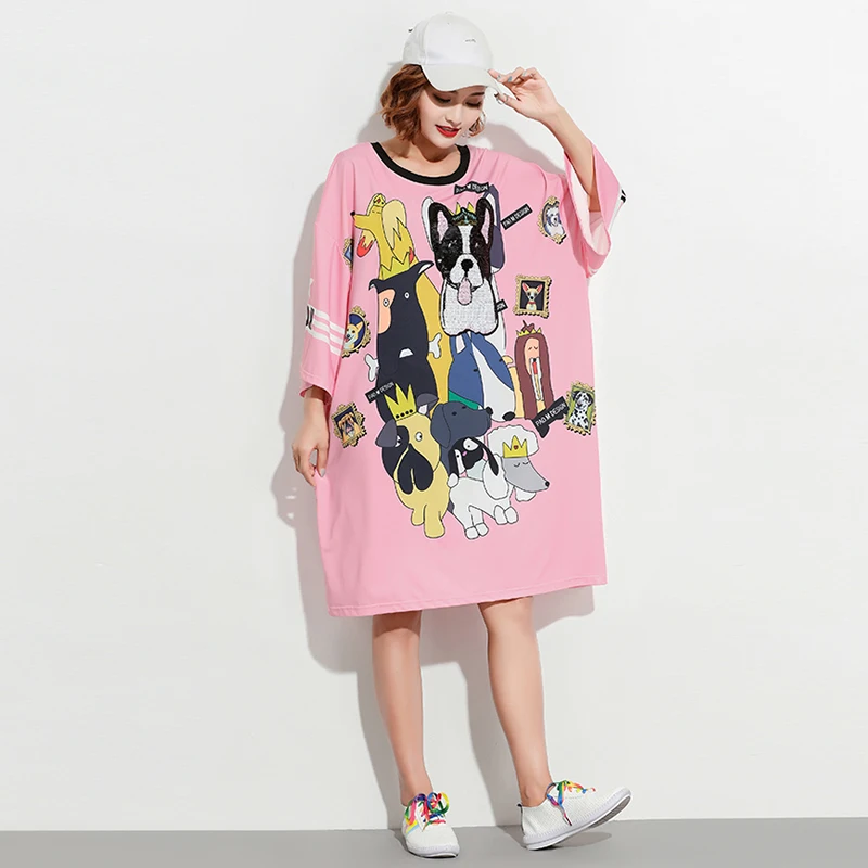 Женское розовое платье с коротким рукавом круглым вырезом и принтом милой собаки