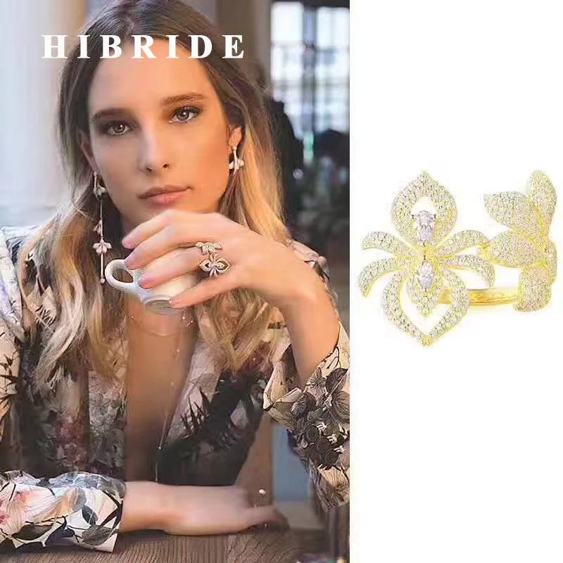 

HIBRIDE European Style Women Adjustable Open Rings Cubic Zircon Cocktail Ring Engagement Gifts White Gold Color R-158