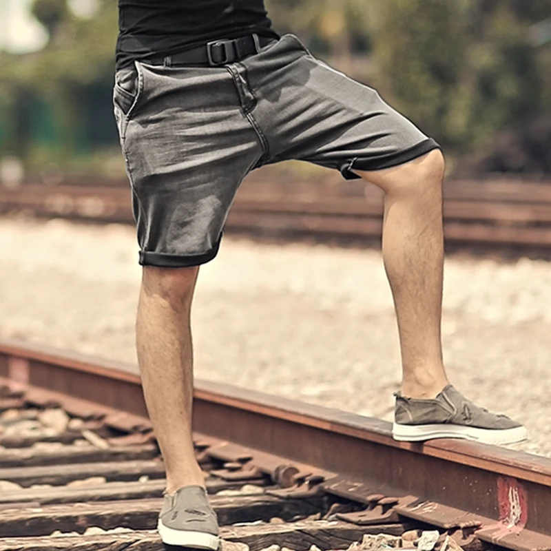 Новые модные летние промывали черный серый Для мужчин микро-elasticed джинсовые