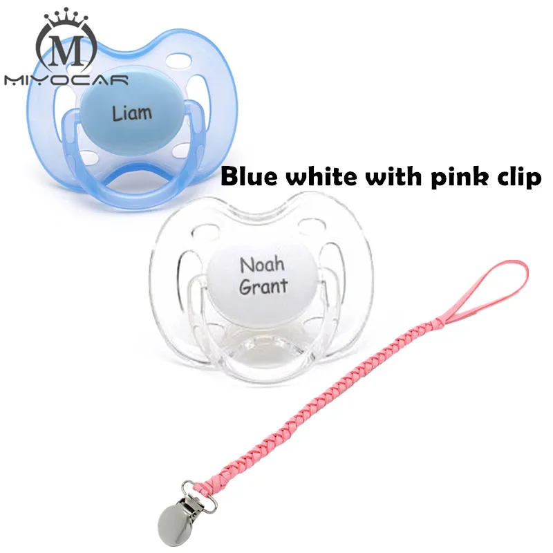 blue white with clip MIYOCAR 2 шт. 0-6 м персонализированные любое имя гравировкой пустышки два монограмма Пустышки Детские соска пустышка с выгравированным клип - Цвет: blue white with clip
