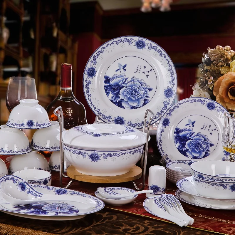 Kaufen Guci 58 Stücke Jingdezhen Hochwertigen Bone Emaille In Die Farbe Blau Und Weiß Exquisite Porzellan Reichen Pfingstrose Keramik Geschirr Set