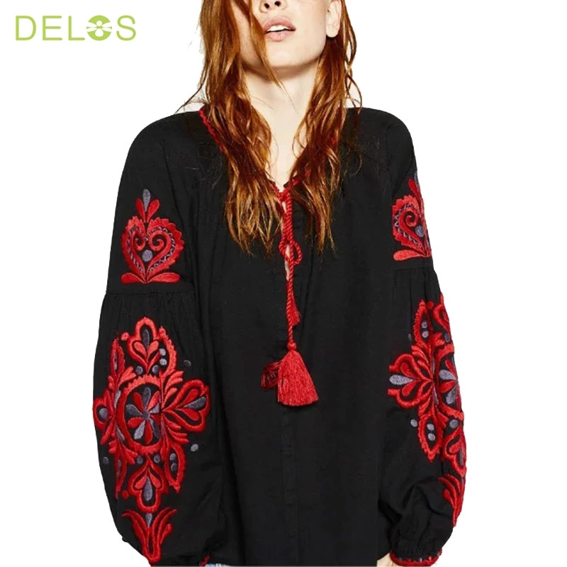 ДЕЛОС Геометрическая Вышивка Кисточкой Блузка Femme Кружева Дамы Свободные Черные