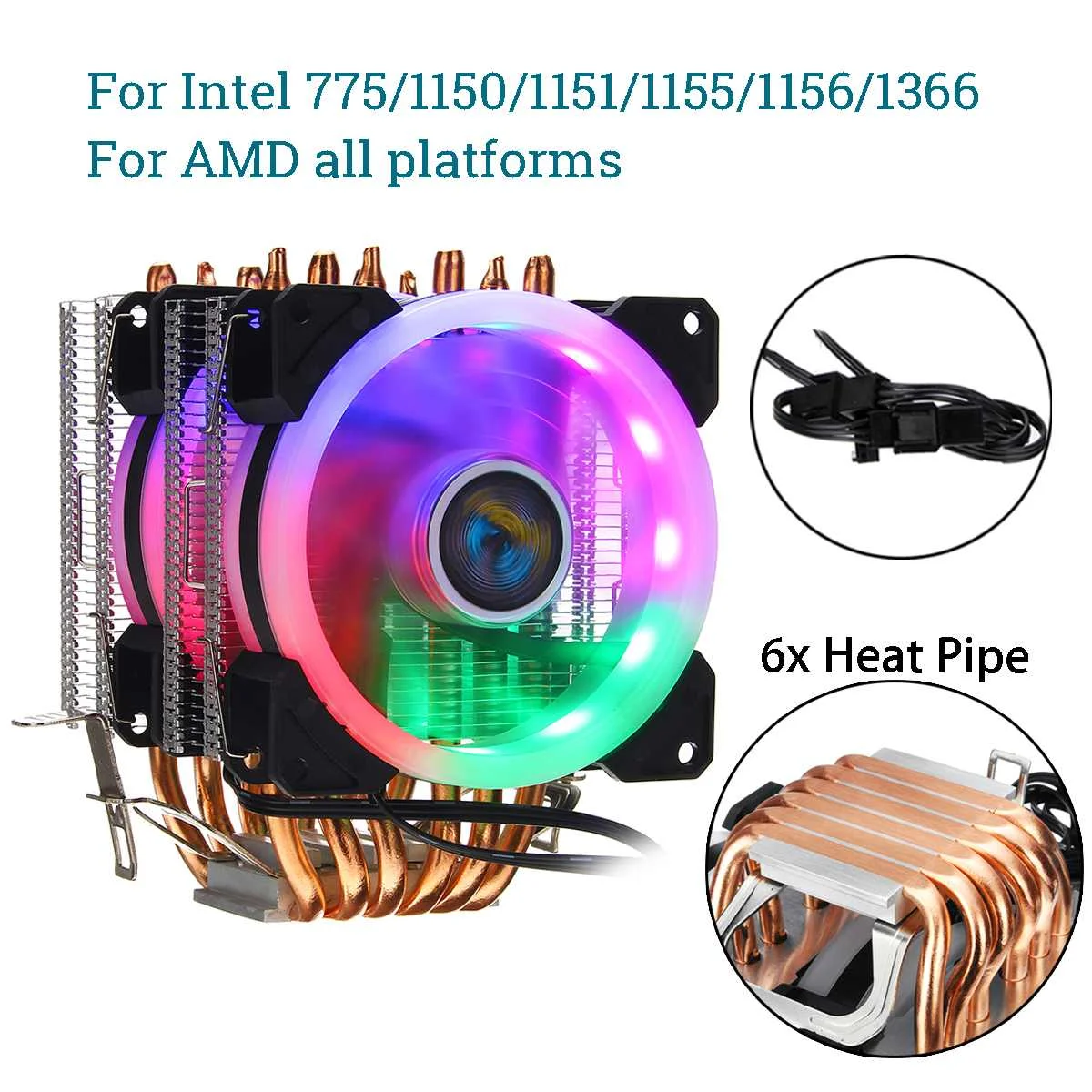 Процессор кулер для Intel LAG 1155 1156 775 1150 1151 для AMD AM3/AM2 светодиодный RGB Процессор вентилятор тишина 6 тепловым стержнем Heat pipe охладитель охлаждающий вентилятор радиатора