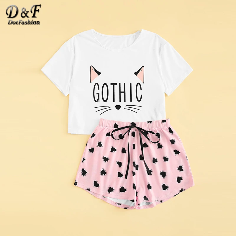 Dotfashion/ летний пижамный комплект для женщин: футболка с принтом кота и букв и шорты с сердечками, Повседневная Пижама с коротким рукавом