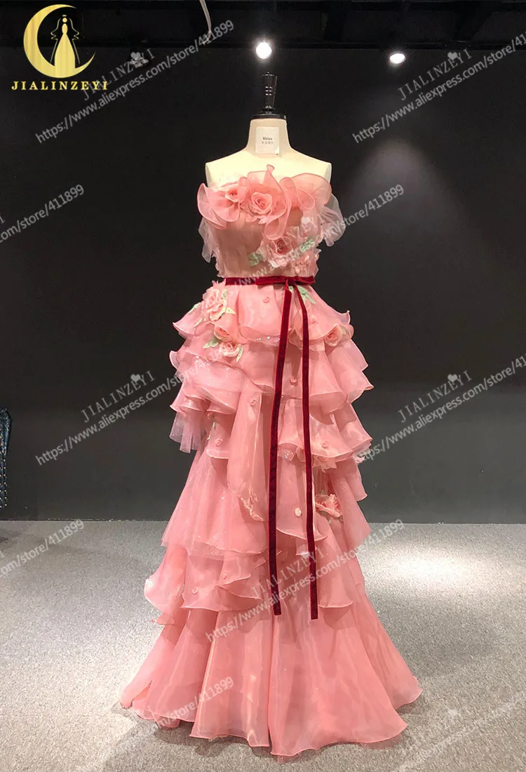 JIALINZEYI реальная фотография Сексуальная Marchesa рукава розовые цветы A-Line Длина до пола платья вечерние платья