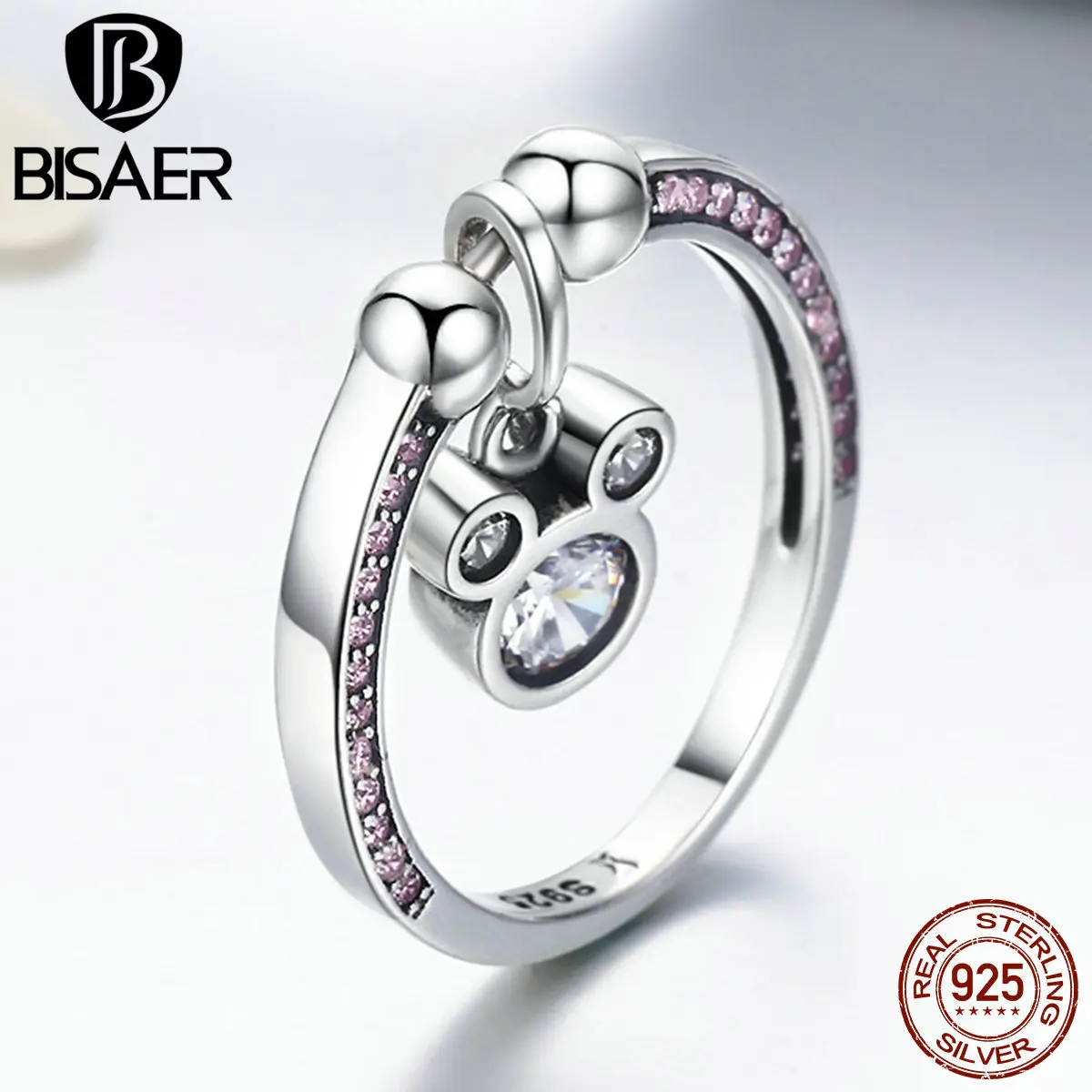BISAER 925 пробы Серебряное кольцо геометрический Микки ослепительные CZ кольца для женщин модные ювелирные изделия DIY Ювелирные изделия Miki