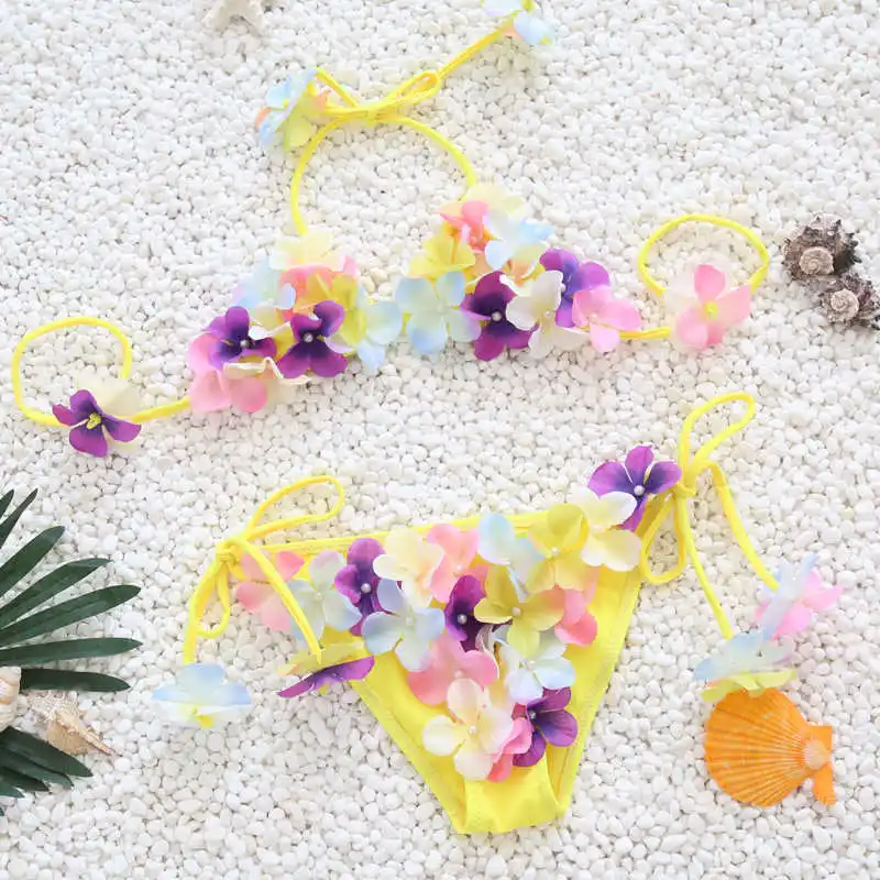 

2018 Handmade Floral Swimsuit For kids Girls Two Piece Children Swimwear Swim Suit Pink Cute Halter Baby Beachwear 2-10 Years